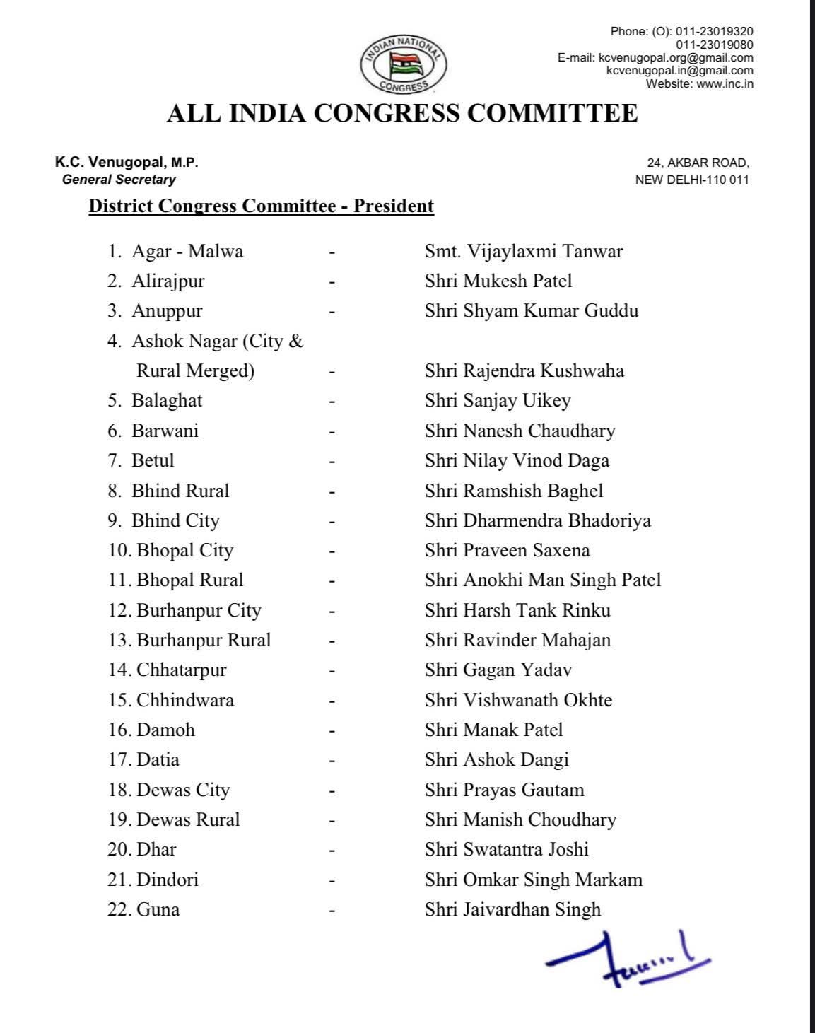 Congress District Presidents List 